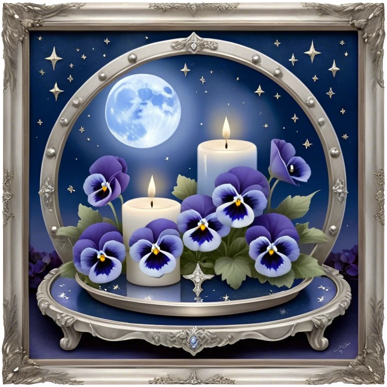 An enchanting nighttime scene where rich blue pansies bloom in a mystical landscape, their petals appearing almost luminous under the soft radiance of a silver crescent moon. A pearl-colored candle, embellished with intricate celestial symbols, sits atop an antique mirror tray, reflecting its warm glow. Wisps of silver mist curl around the flowers, and tiny glowing stars seem to hover just above the ground, adding to the dreamlike atmosphere. In the distance, a faint silhouette of a gothic archway frames the moon, enhancing the scene’s otherworldly beauty. emoji