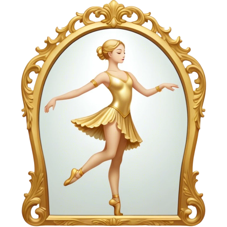 Cinematic Realistic Mirror, a large, ornate mirror reflecting a dancer’s poised silhouette, soft golden light creating depth, slight smudges on the glass adding realism, glowing with a timeless and artistic presence. emoji