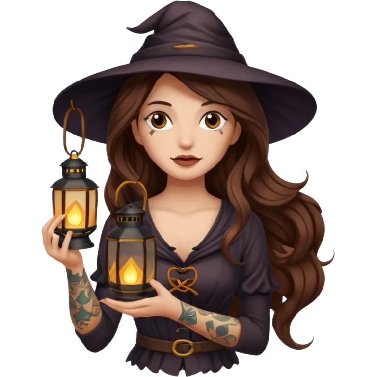 tired night witch woman long wavy brown hair tattoos holding lantern emoji