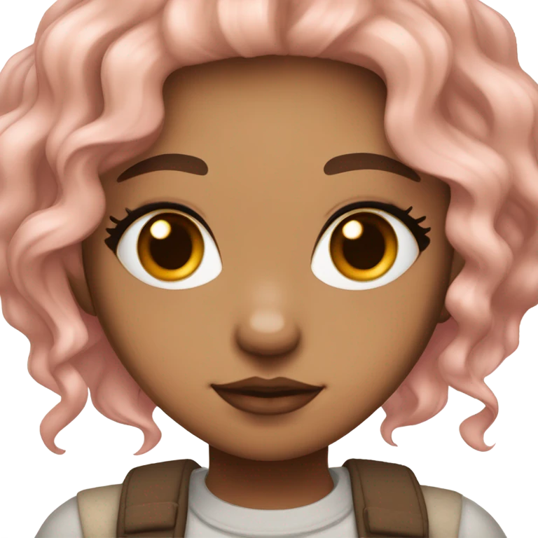 medium tan girl, pale pink and orange hair, wavy hair, brown eyes and long lashes, small plump lips with cherry tint, pink blush cute, brown eyeliner, mole in the cheek, lip piercing, cute grunge clothes emoji