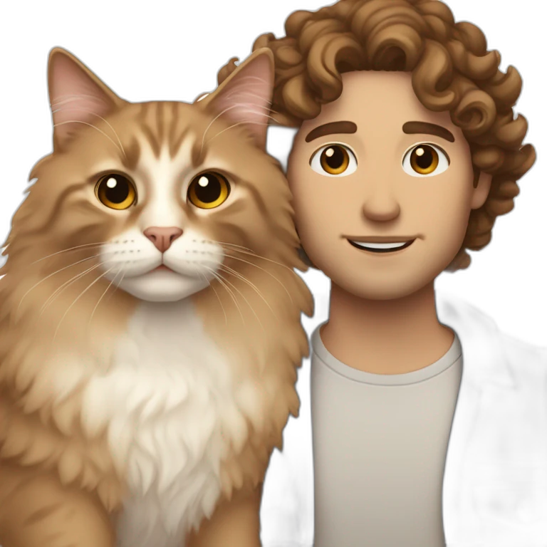 White man with brown curly hair, brown eyes, thick eyebrows, sharp jawline, bigger nose holding Ragdoll cat emoji