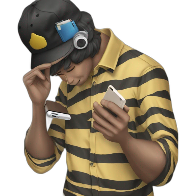 striped shirt holding phone emoji