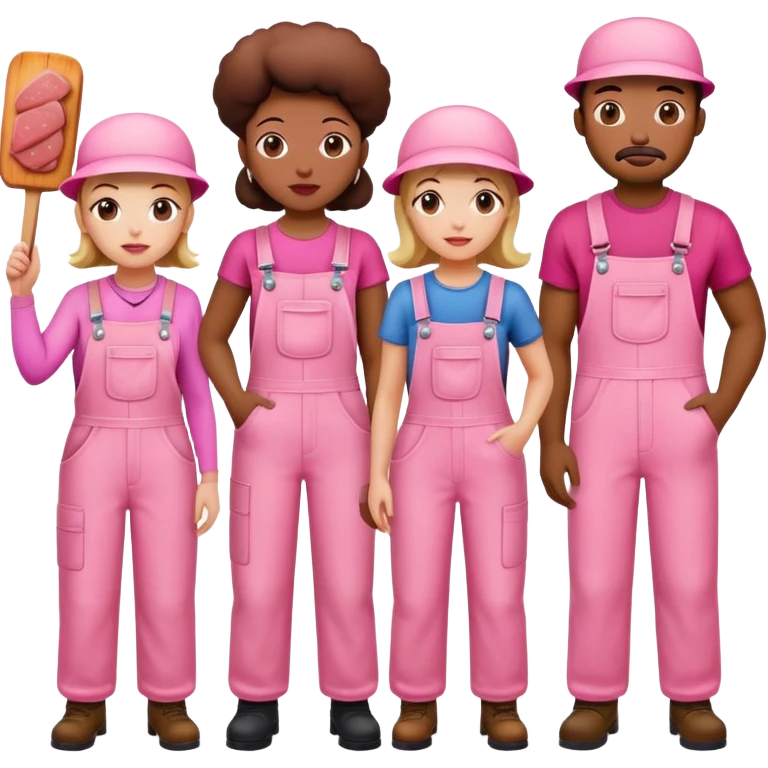 group of artists wearing pink overalls protesting for spam meat art emoji