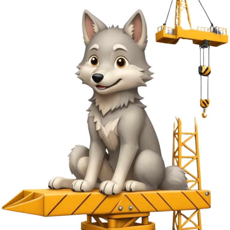  a joyful gray wolf sits on a tower crane and controls it with his paws emoji