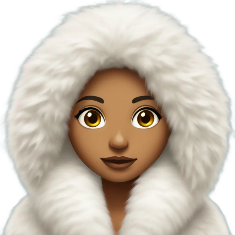 Tanned Girl with lashes ,  in an extremely big fluffy oversized white fur coat with hood on. The fur is real and it’s very obvious big and fluffy like in Pinterest  emoji