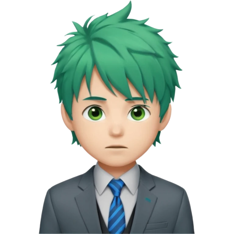 deku : boy anmie green hair green eyes in a ua gray jacket and blue tie suit with frenkles messy hair and black on the bangs emoji
