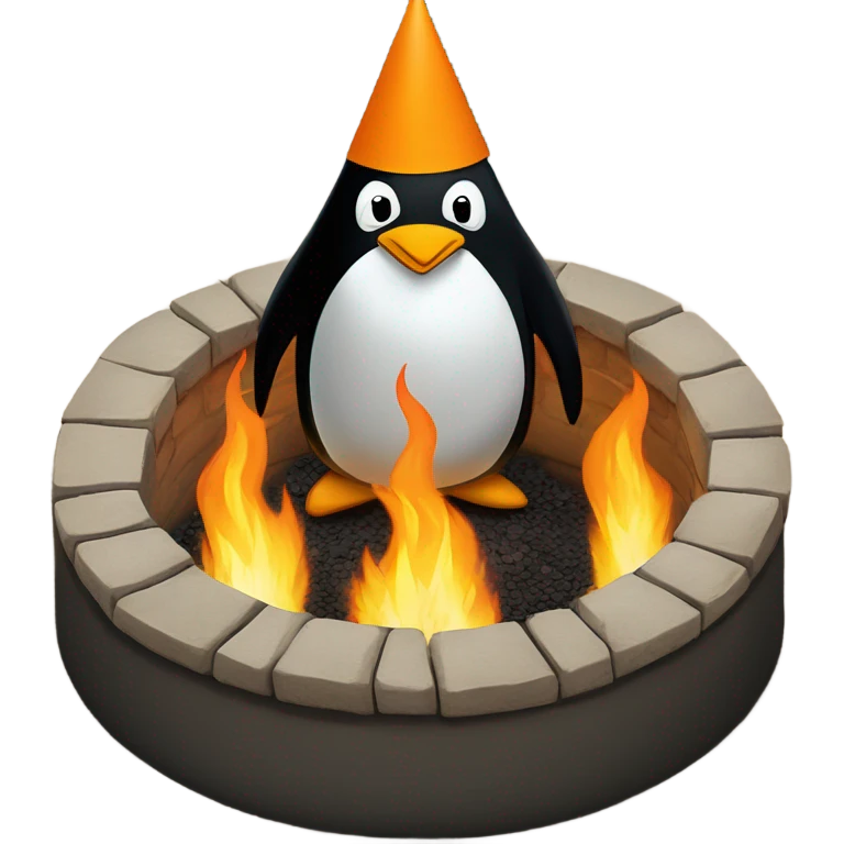 Penguins circling a fire pit while wearing duns caps emoji