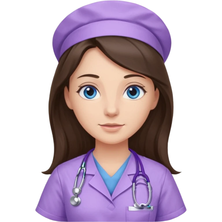 pretty brunette nurse with long hair and blue eyes in lilac scrubs emoji