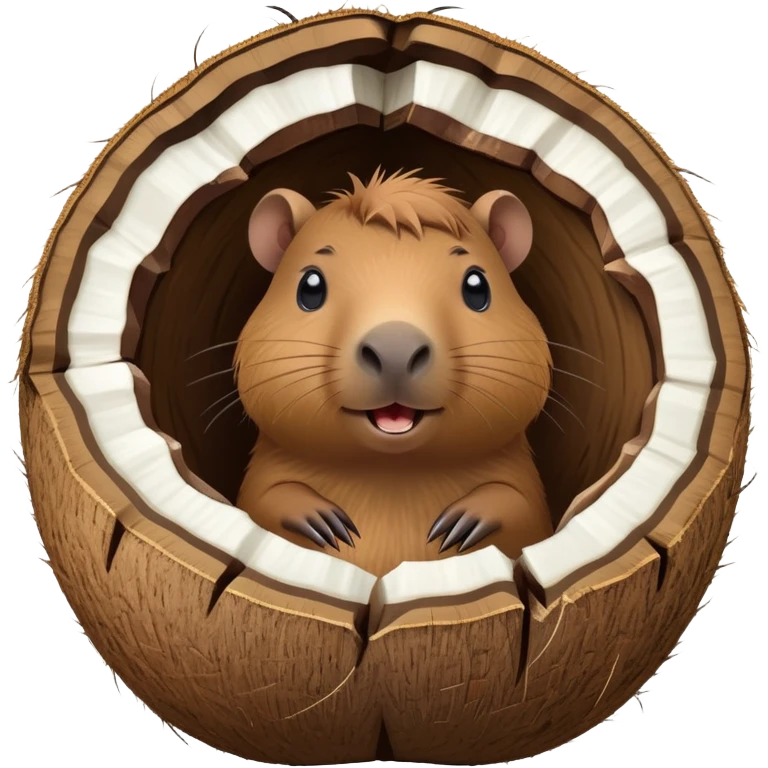 A cute capybara peeking out from inside a cracked open coconut shell emoji