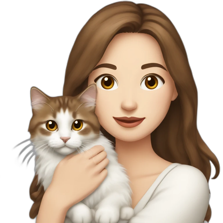 woman with brown hair holding a white Siberian cat emoji