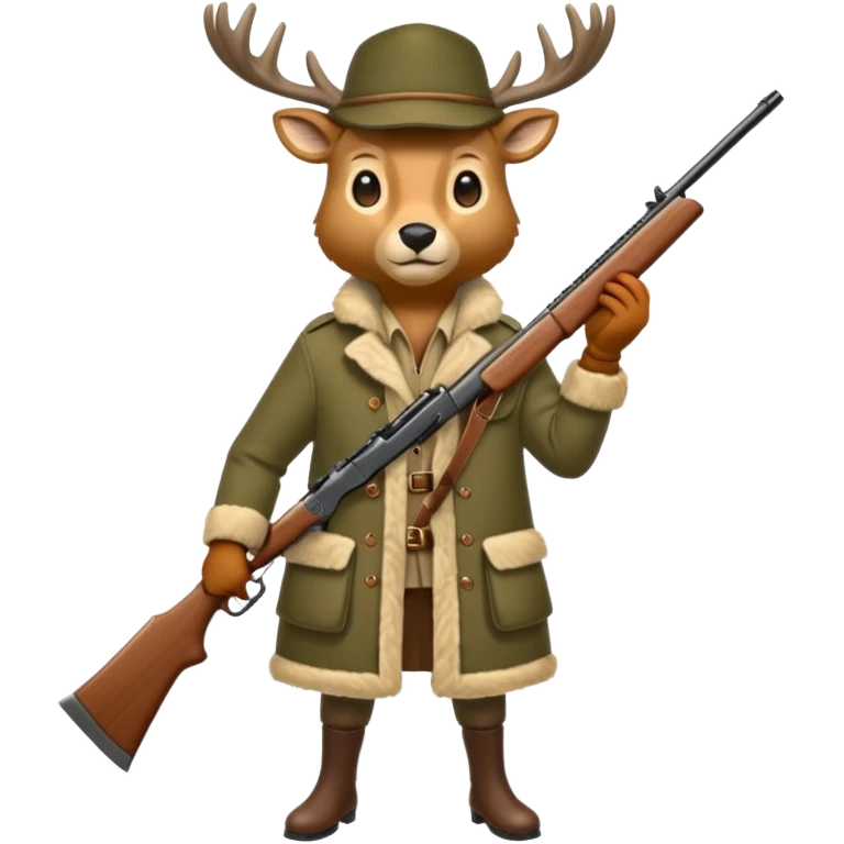 Biche des bois avec un manteau en fausse fourrure et un chasseur bête  emoji