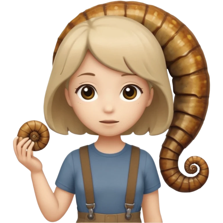 Shelly has a small, chibi-style body with a large ammonite-shaped head that looks like a beige fossil shell. One side of her head has a dark opening, making it clear she isn’t human. Her face is simple and soft, with big round eyes. She wears a brown suspender outfit over a lighter shirt emoji