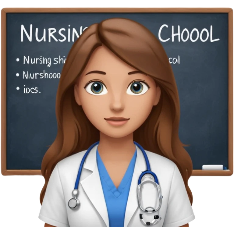 inside a classroom at university that says nursing school on the board with a pretty female nursing student with long brown hair, blue eyes emoji