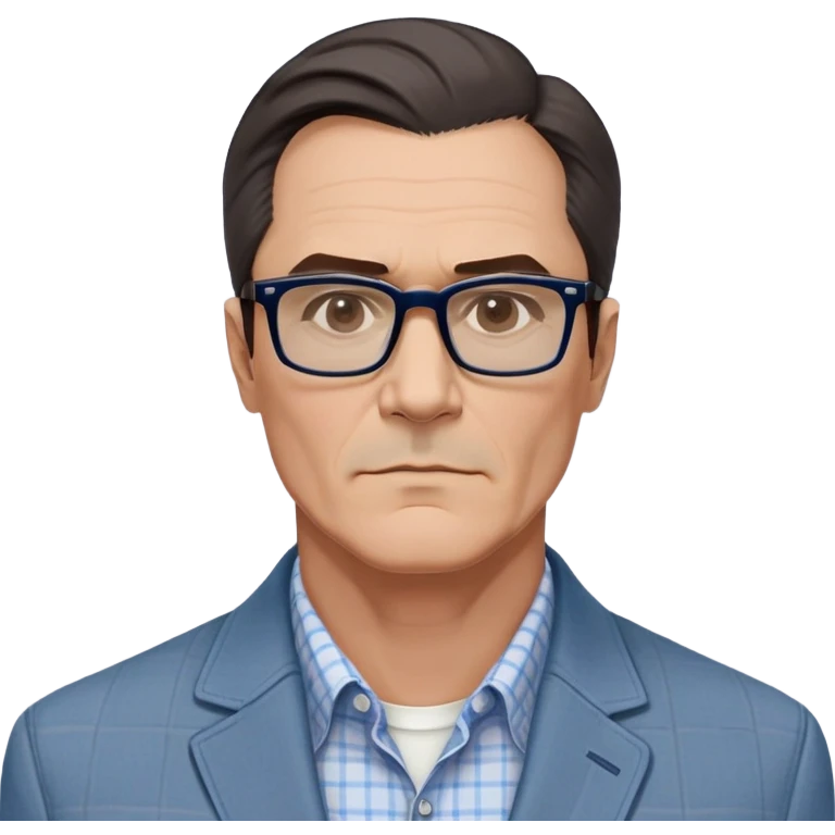 50-year-old man with very prominent and large square jawline that's wider than the rest of his face. Large dark square glasses, short straight hair combed to the side with some gray. Serious-relaxed expression. Light gray jacket, white shirt with blue checkered pattern. emoji