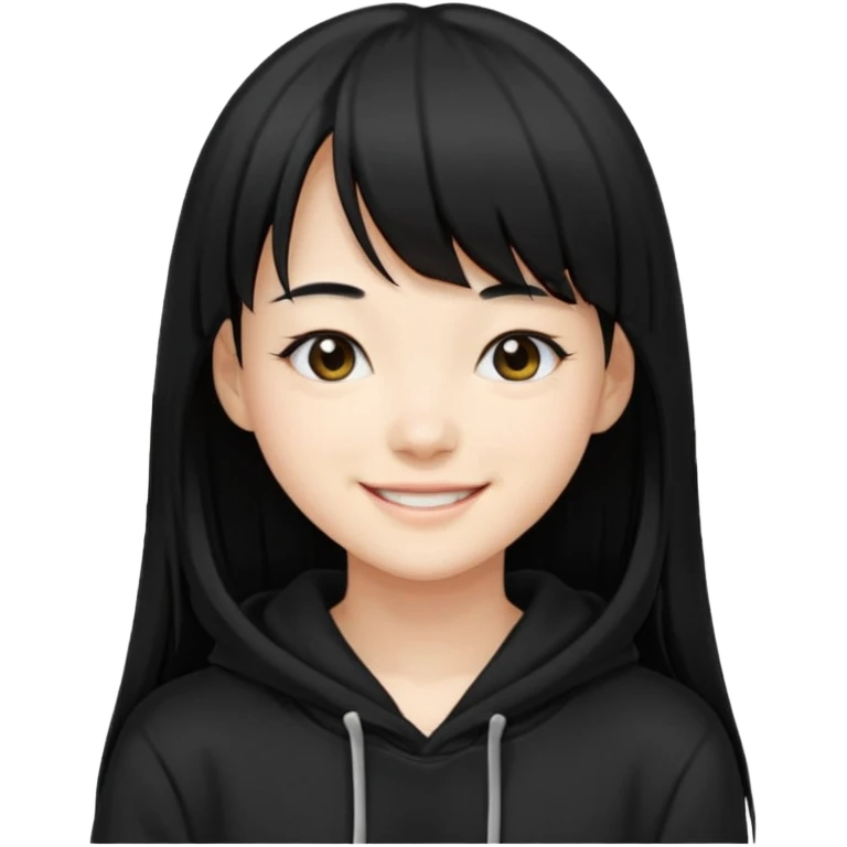 후드티 입은 초딩여자 아이.후드 안 씀. 검은색 후드티와 검은 머리. 머리는 긴 셍머리. 앞머리 있음 emoji