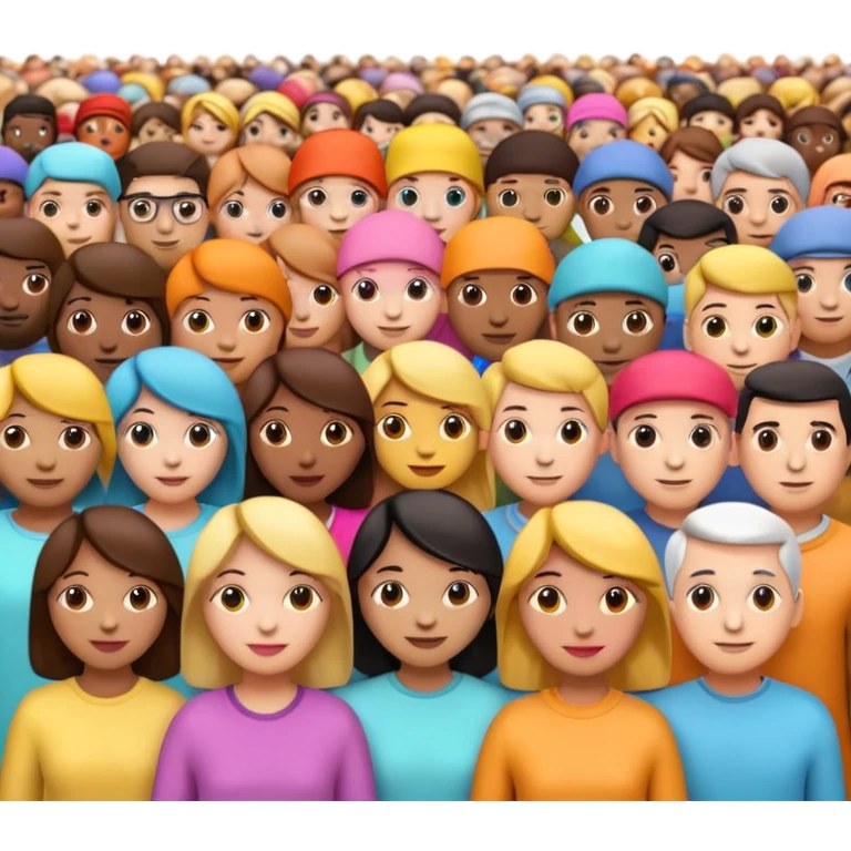 3D iPhone style emoji of a crowd of people, diverse individuals standing close together, colorful clothing, isolated on white background, soft shadows, high detail, playful and cute. emoji
