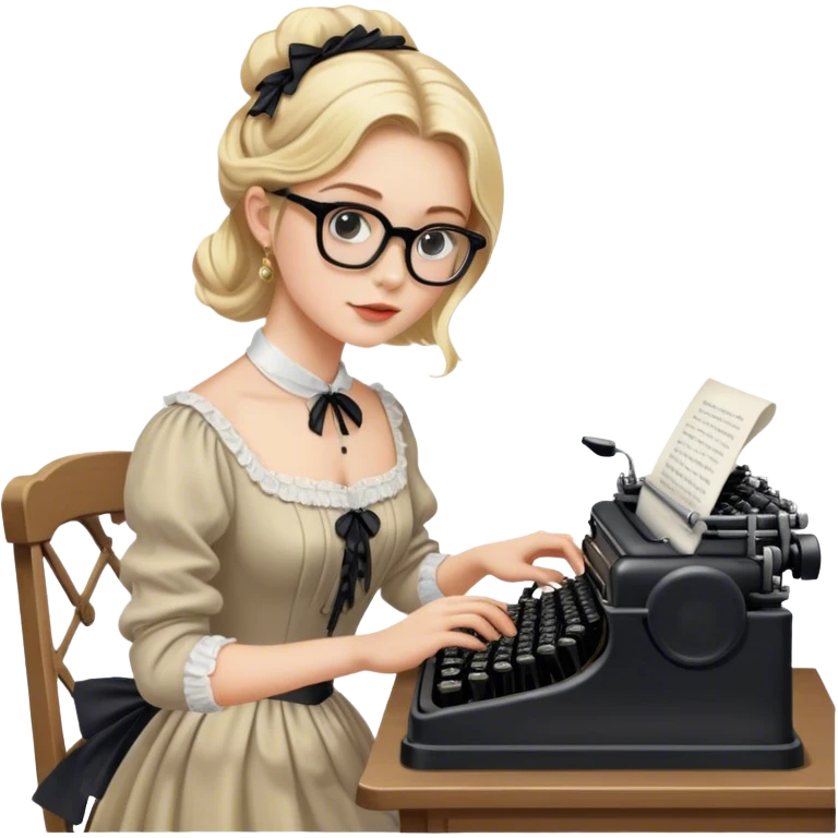 Blonde model wearing glasses and a Victorian gown typing on a black typewriter at an old desk emoji