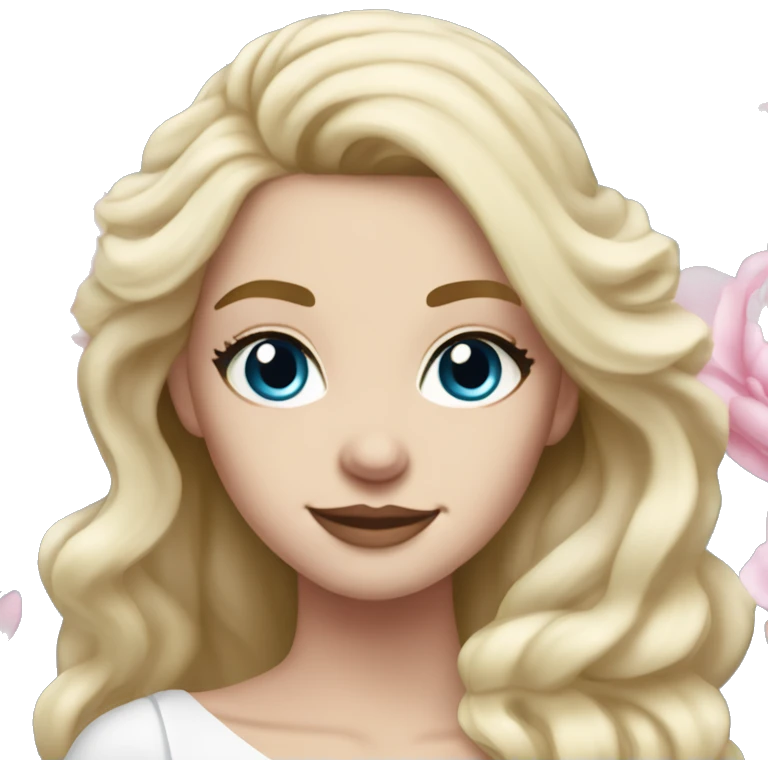 White bride with long light blonde hair and blue eyes with light pink peonies in hair white skin  emoji