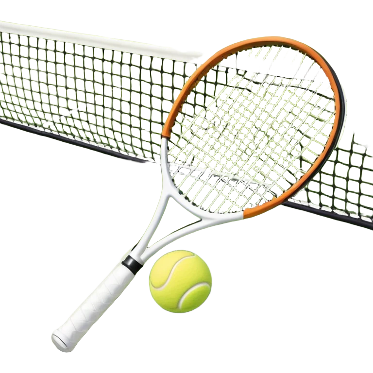 A tennis racket and ball positioned on a grass court, with the net and lines clearly visible in the background. The scene emphasizes the classic elements of the sport, capturing the energy and precision of a tennis match. emoji
