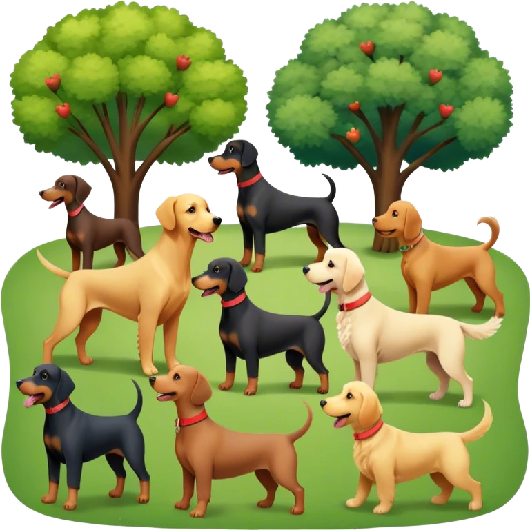 Collage of various dog breeds like Doberman, Poodle, Dachshund, and Golden Retriever, playing in a park with trees and grass. Some dogs run, others sit, all are full of energy and happiness. A joyful, colorful scene with playful expressions. Transparent background. emoji