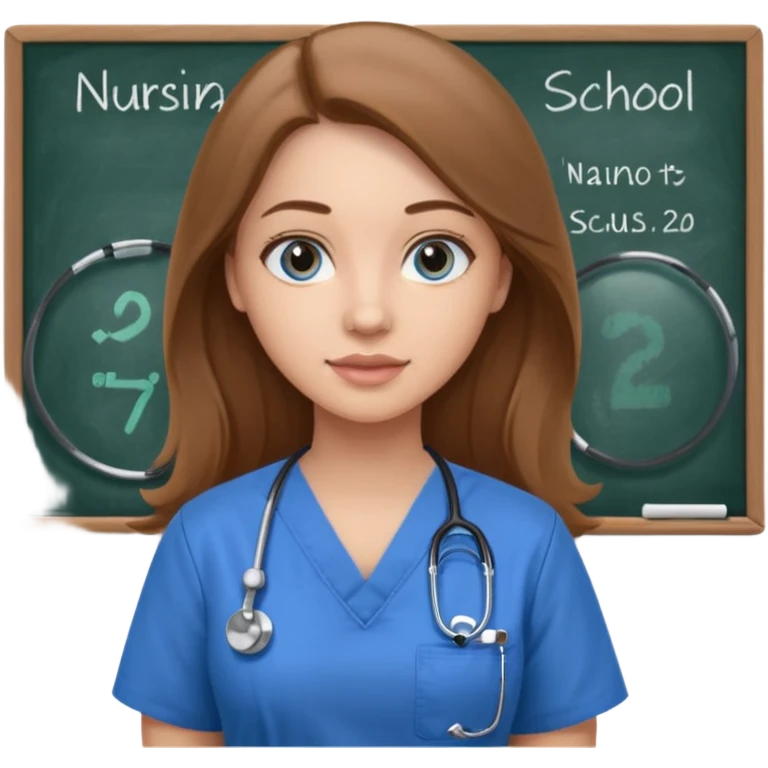 inside a classroom at university that says nursing school on the board with a pretty female nursing student with long brown hair, blue eyes emoji