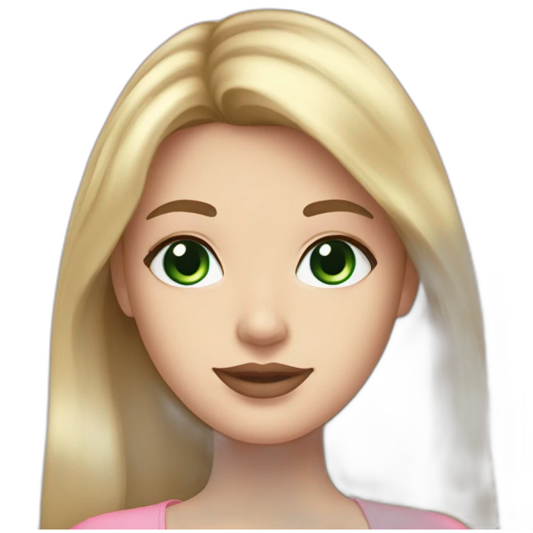 Female with long brown hair. Light bang. Dark Green eyes. Pale skin. Aesthetic cute pink outfit. Pink lipstick. Blonde eyebrows  emoji