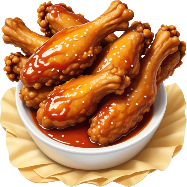 Cinematic crispy chicken wings, golden-brown and glazed with spicy sauce, crunchy coating, juicy inside, piled high with dipping sauce on the side, ultra-realistic and mouthwatering, inviting and bold. emoji
