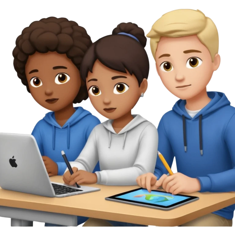 three students collaborating on design with drawing tablets and computers emoji