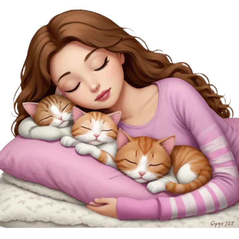 girl with long wavy brown hair, brown eyes, long lashes makeup, sexy pink lips, light to medium complexion,  sleeping on a cozy pillow, with 6 cats: 1 brown and white tabby cat, 1 ginger and white, 2 grey and white, 1 grey with white mittens and small white patch on chest and 1 calico, sleeping emoji