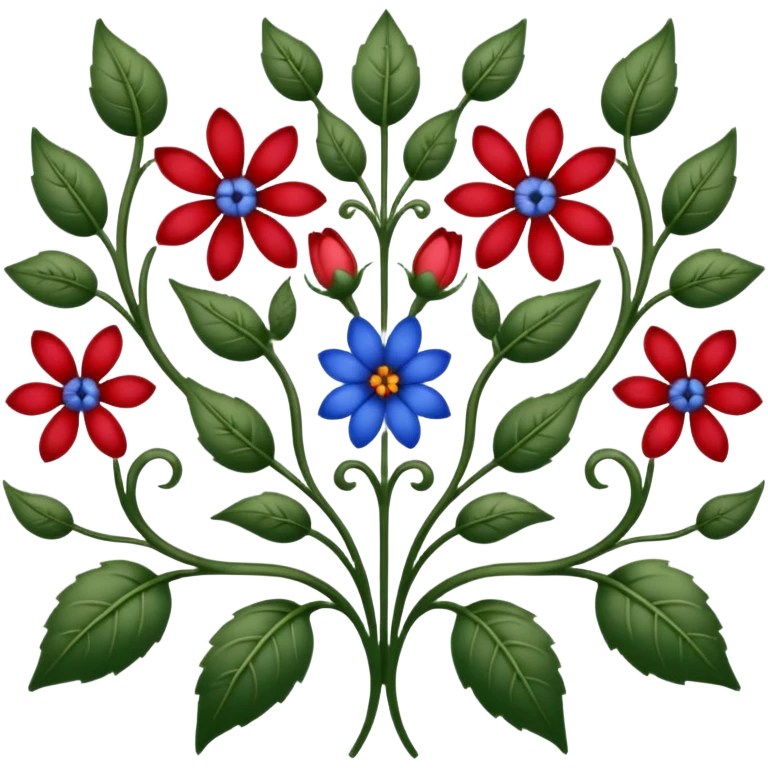 dull green leaves & red & blue flowers filigree design, extremely detailed, complex design emoji