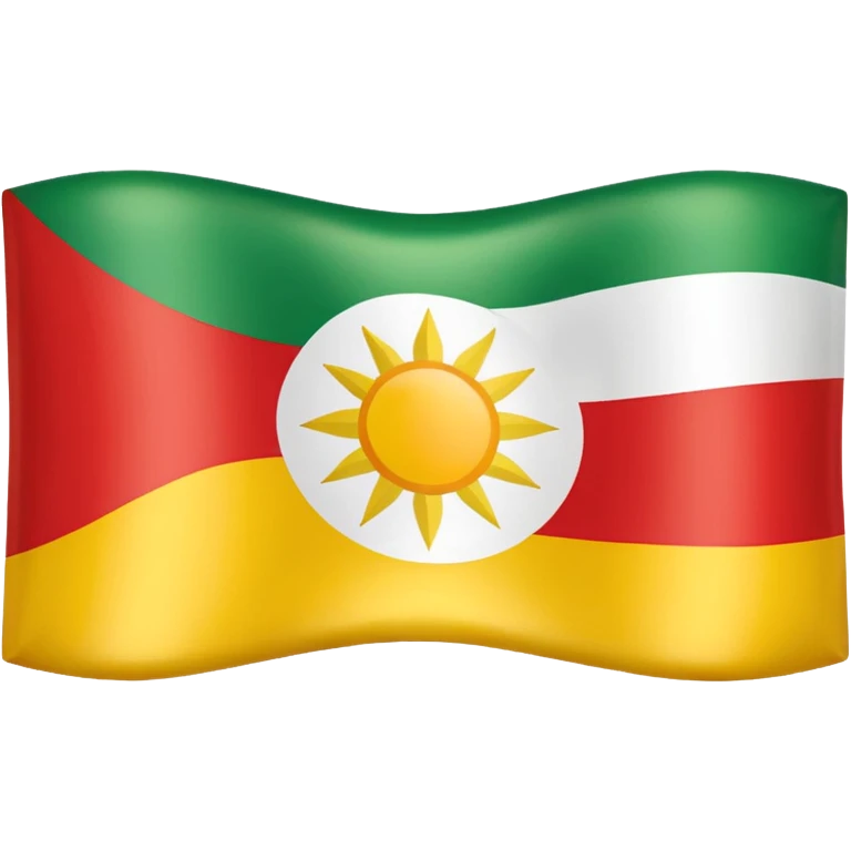 Kurdistan flag, Apple iOS style emoji, glossy rounded rectangle, three horizontal stripes red white green, bright yellow 21-pointed sun centered on white stripe, official Kurdistan flag proportions and emblem, shading and finish like iOS flag emojis emoji