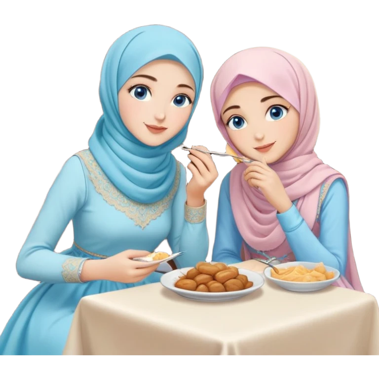 Turkish beautiful finish Konya girls blue eyes with pastel hijab long tail dress and the two friends sits on the chair on the ground and eating the food in the restaurant  emoji