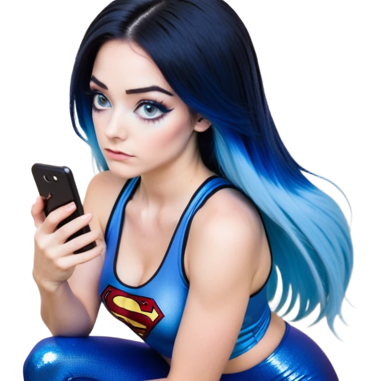 Disapponted-big tears-head back texting on phone-very very large upper body-sexy face-bending forward at waist-very long very straight dark blue to light blue ombre hair-and-blue eyes-thick black eyeliner-long eyelashes-iridescent blue lowcut tanktop with black leggings with glitter superman logo emoji