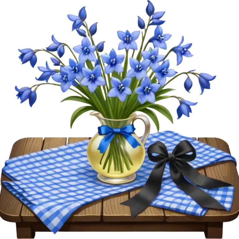 A lush bouquet of bright blue color bluebell black satin ribbon, resting on an antique wooden table, with a pale yellow and pink plaid pattern table cloth emoji