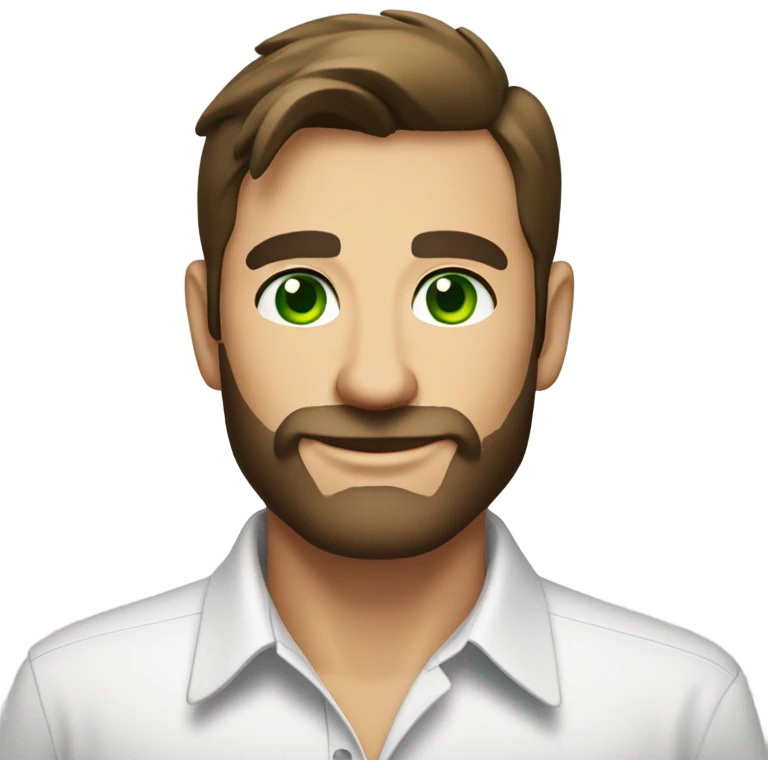 handsome optimist brunette man and beard green eyes wearing white button down shirt  emoji