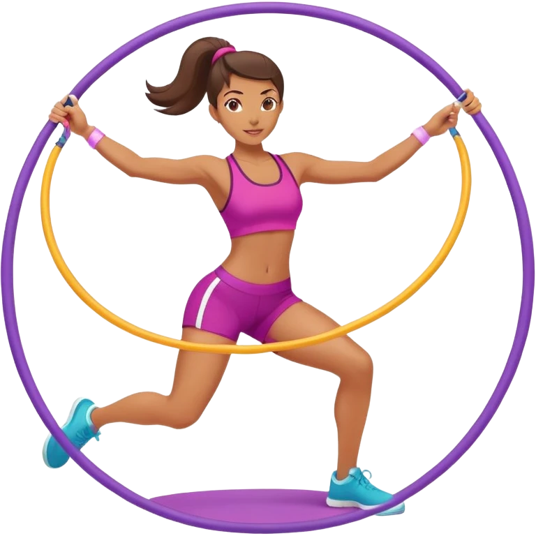 A female athlete performing aerobics exercises with a hula hoop on an exercise mat. She is focused and in motion, with a vibrant, energetic atmosphere. The background is minimalistic, highlighting the fluidity and coordination of the workout. emoji