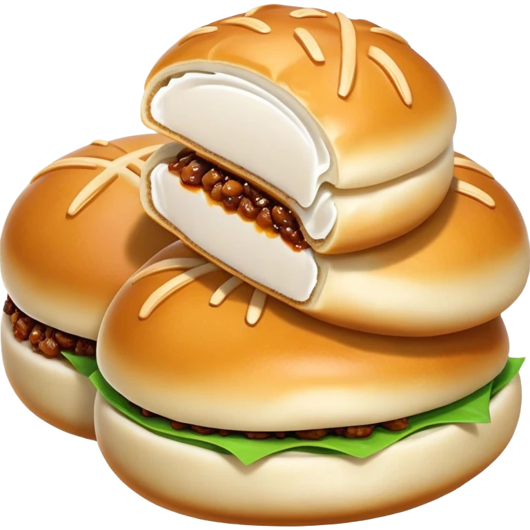Shanghai pan-fried pork buns Shengjianbao with visible crispy bottom, simplified emoji style with bold outlines and bright colors, cartoon style juicy breakfast buns emoji