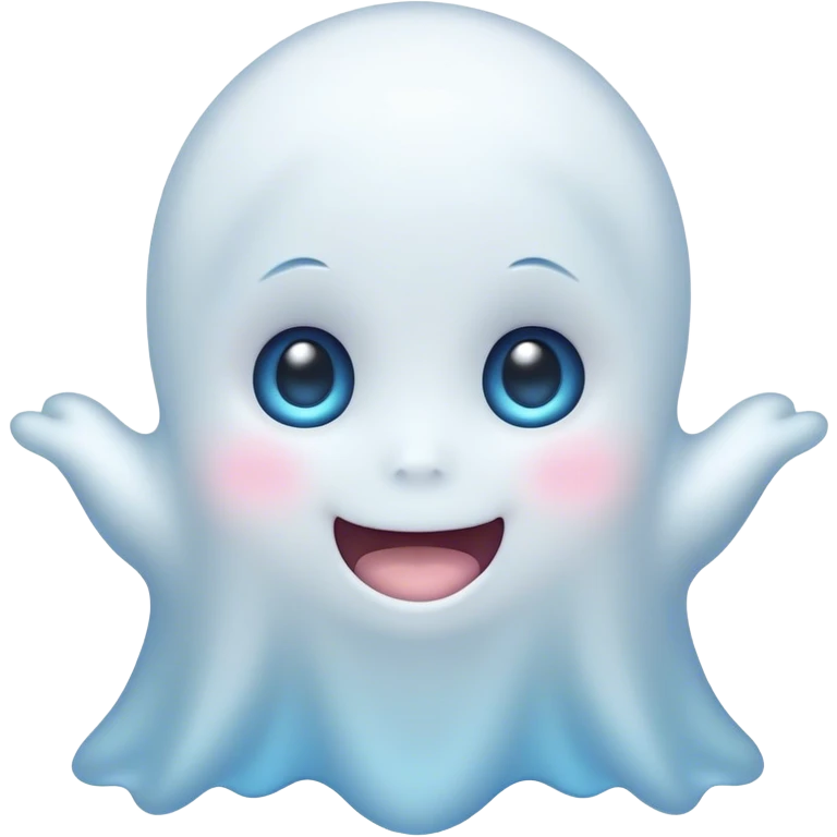 Cinematic Cute Ghost Portrait Emoji, with a playful, rounded translucent form in soft pastel whites and blues, featuring large, sparkling eyes and a gentle, mischievous smile, simplified yet irresistibly endearing, highly detailed with a soft glowing outline that captures the charm of a friendly spirit ready to float into your heart! emoji