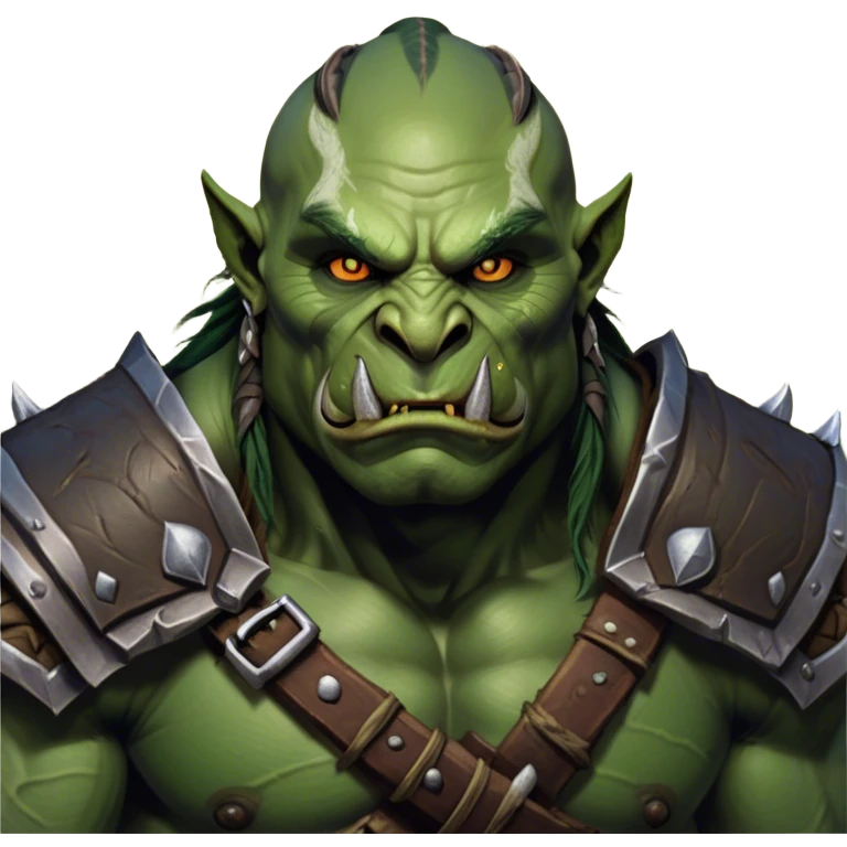 Cinematic Realistic WoW Orc Warrior Portrait, head tilted epicly and inquisitively, showcasing a commanding presence and raw, unyielding power. His battle-hardened green skin and muscular form, accented by meticulously crafted tribal armor in deep earthy hues, are rendered with lifelike clarity and dynamic lighting, high shine, epic and awe-inspiring, embodying the relentless spirit of an orc warrior ready for battle. emoji