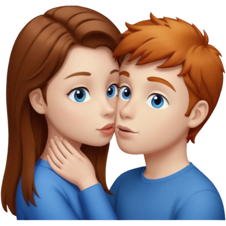 Girl with straight brown hair kissing ginger boy. Both have blue eyes  emoji
