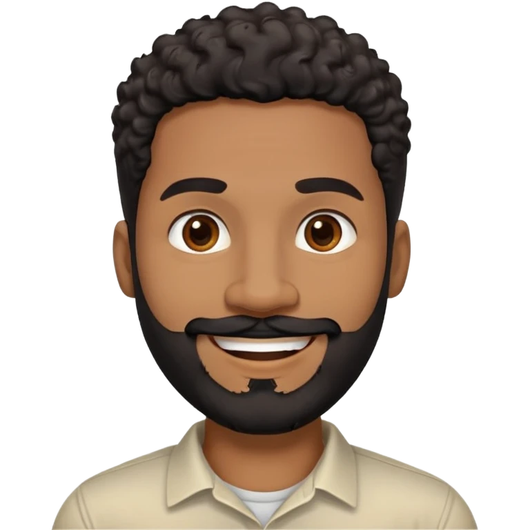 Caribbean man in his early 40s with medium brown complexion. Round friendly face. Energetic expression with wide smile. Cheerful dark eyes. Thick eyebrows. Wide nose. Well-groomed full black beard. Short curly black hair with faded sides. Wearing a cream colored casual shirt. emoji
