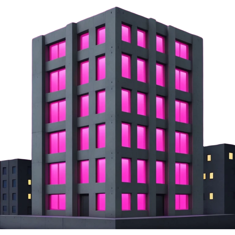 Nighttime scene of a Russian concrete panel building, dark gray rectangular structure against night sky, one window with intense bright pink UV grow light glowing in the darkness emoji