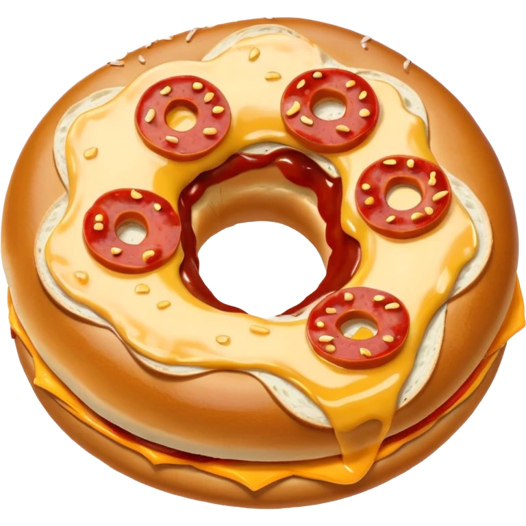 Half of a bagel topped with sauce cheese and pepperoni  emoji