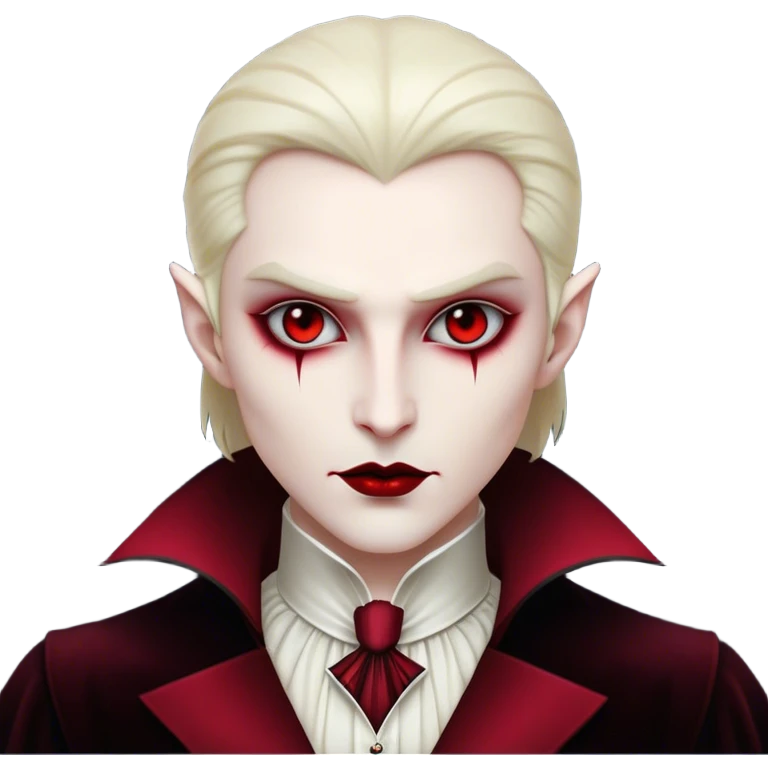 Cinematic Noble Vampire Portrait Emoji, Elegant and commanding, with a refined, pale visage framed by dark, velvet accents and a hint of crimson, exuding timeless seduction and dangerous allure, simplified yet exquisitely detailed, glowing with a soft nocturnal radiance and a subtle, mysterious outline that captures the regal spirit of an immortal lord of the night! emoji