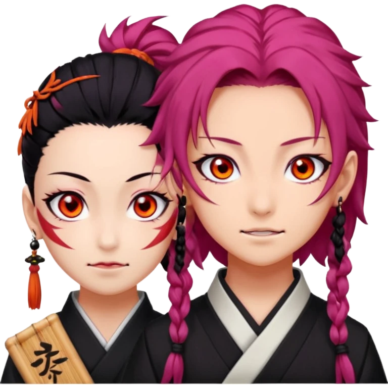 tanjiro: Kind red eyes, black hair with burgundy tips, forehead scar, tanned skin, Hanafuda earrings.                             nezuko:   Pink eyes, black-orange hair, fangs, bamboo muzzle. emoji