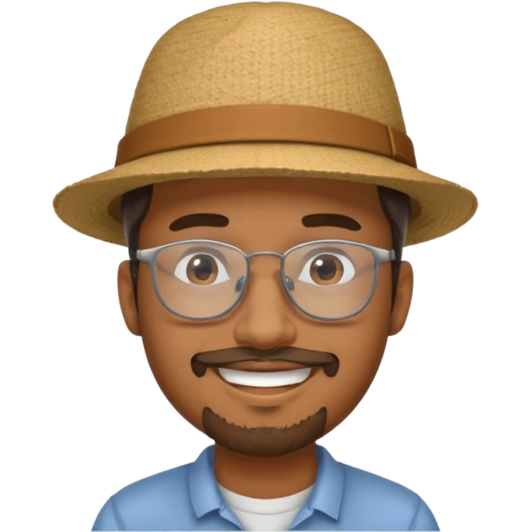 Brown man smiling with hat, clear glasses and goatee emoji