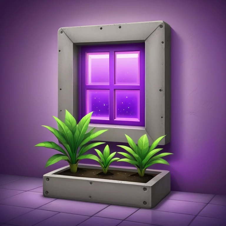 Rectangular concrete structure at night with one bright purple window from plant grow lights emoji