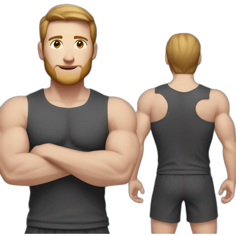 Close up Actively gesturing  with hands Pale skinned Fit Man With the biceps and brown hair in dark gray Sleeveless Mike, black oversize sports shorts, watch and white Sneakers emoji