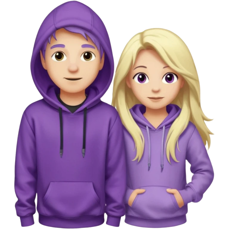 full-length happy couple, girl with long purple hair and gray eyes in lilac hoodie, boy with blonde hair in black hoodie emoji