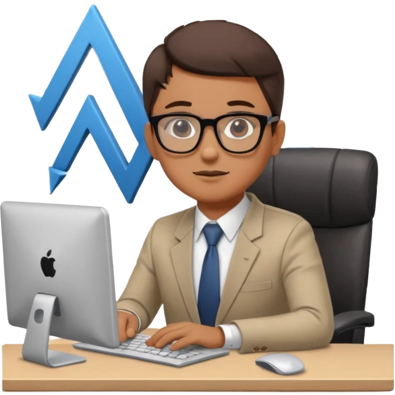 A person sitting at a desk working on a computer with upward arrows and percentage signs, suggesting digital sales, marketing, or outreach. emoji